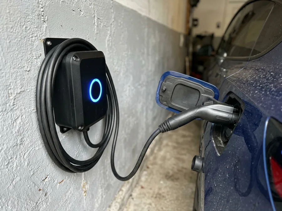 close-up of an EV charger unit mounted on a garage wall with a charging cable plugged into a vehicle, cool blue LED indicator glowing