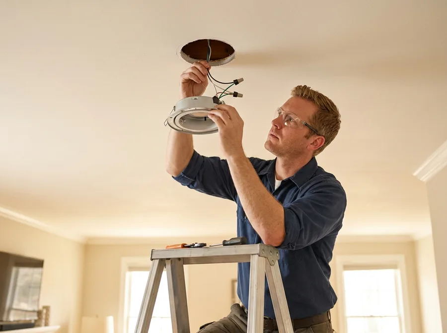 an electrician installing recessed LED lighting in a residential ceiling, looking up at the fixture from below, warm interior daylight