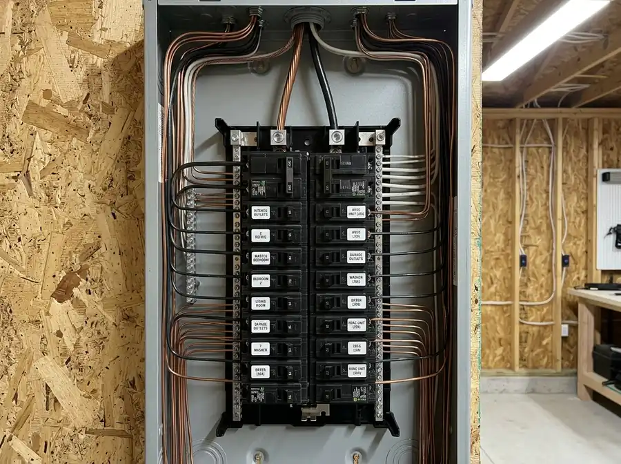 rows of neatly labeled circuit breakers inside a new 200-amp residential panel, clean copper wiring, crisp overhead shop light
