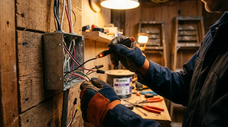 an electrician using a non-contact voltage tester near an open junction box, focused hands, warm workshop lighting, residential setting